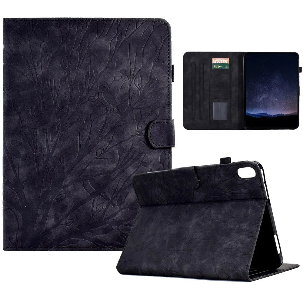 For Samsung Galaxy Tab S11 Leather Case Tree Pattern Card Slots Stand Cover - Black - 1