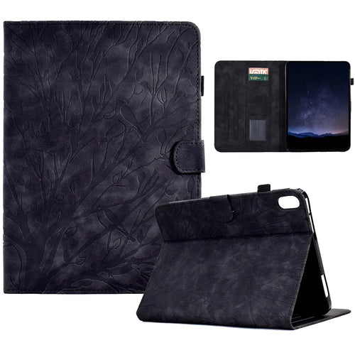 For Samsung Galaxy Tab S11 Leather Case Tree Pattern Card Slots Stand Cover - Black - 1