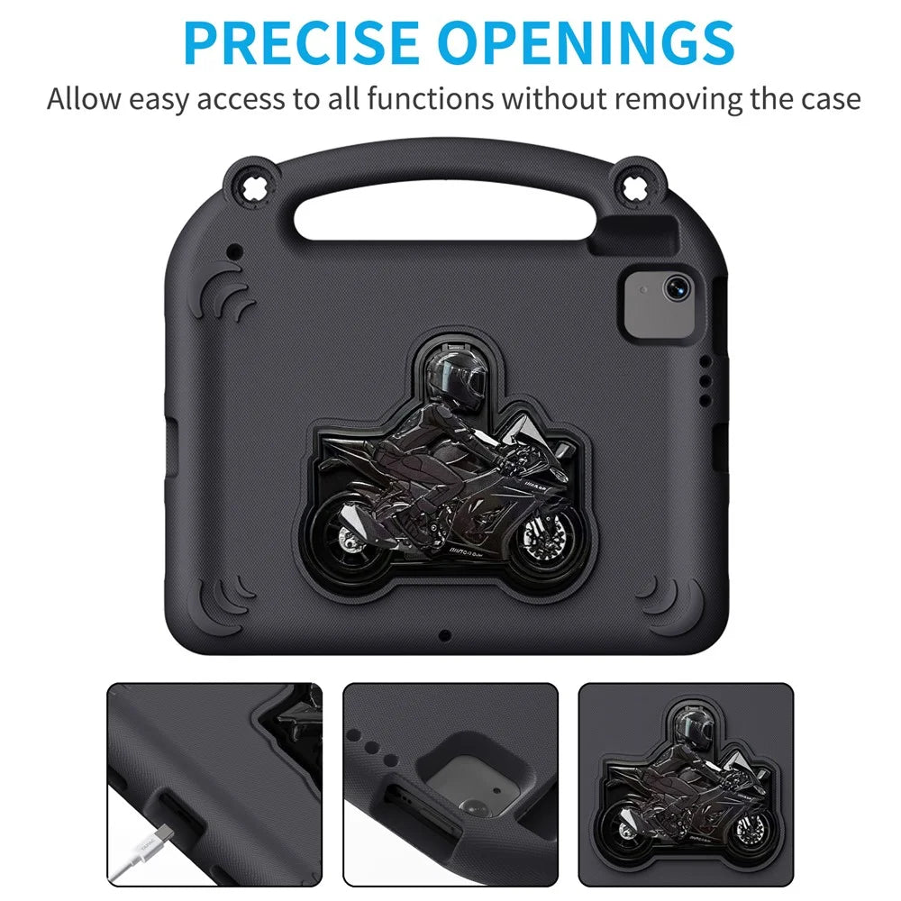 Motorcycle Kickstand EVA Case with Handle For iPad (2025)  /  10.9 (2022)  /  Air 11 (2026) / (2025) / (2024) / Air (2022) / (2020)  /  Pro 11 (2025)  /  (2024)  /  (2022)  /  (2021)  /  (2020)  /  (2018) - Black - 2