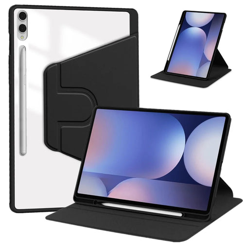 For Samsung Galaxy Tab S11 Ultra Case Rotating Stand PU Leather Clear Acrylic Back Tablet Cover with Pen Slot - Black - 1
