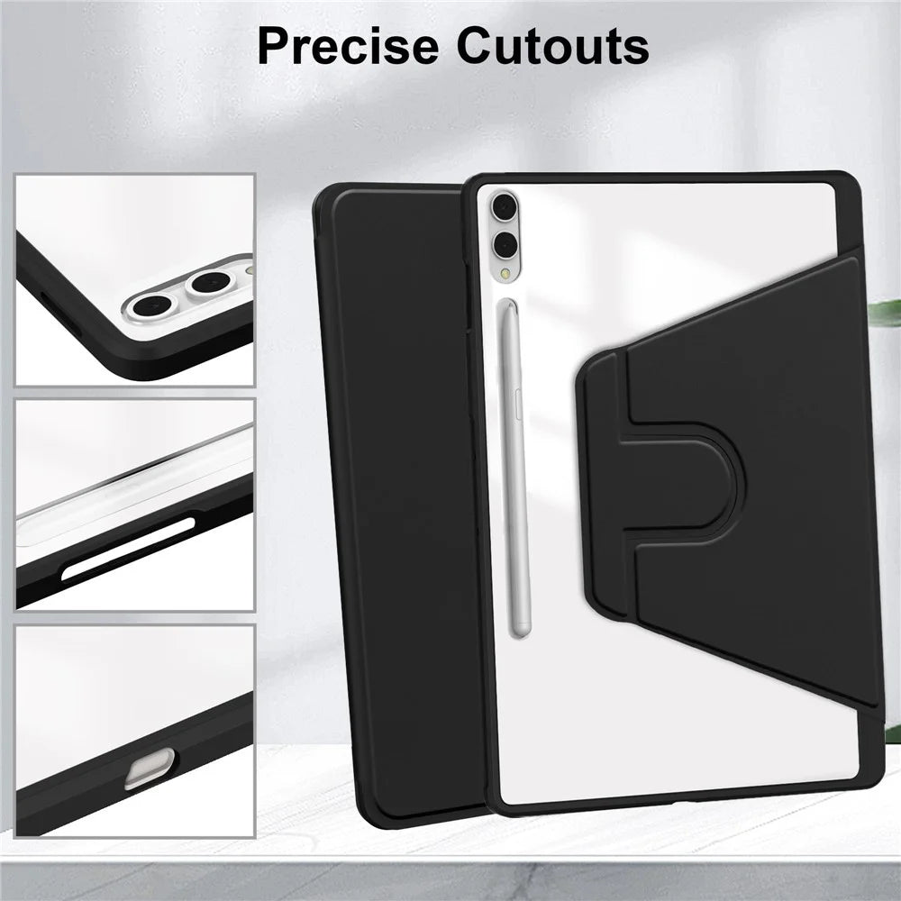 For Samsung Galaxy Tab S11 Ultra Case Rotating Stand PU Leather Clear Acrylic Back Tablet Cover with Pen Slot - Black - 4