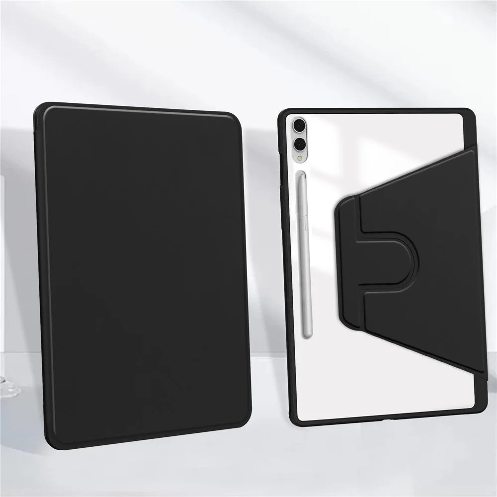 For Samsung Galaxy Tab S11 Ultra Case Rotating Stand PU Leather Clear Acrylic Back Tablet Cover with Pen Slot - Black - 6