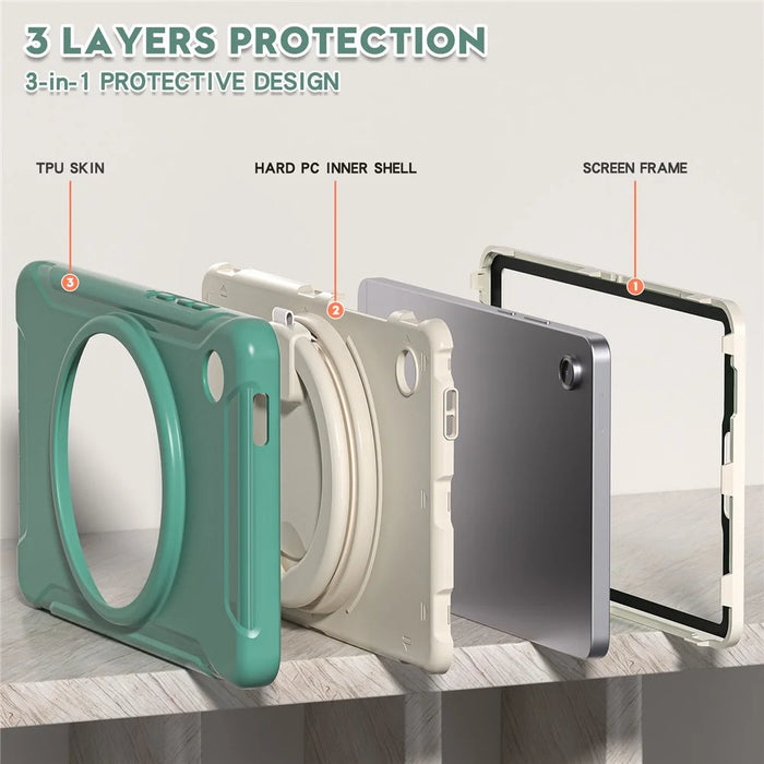 For Samsung Galaxy Tab A11 Case 360 Degree Rotary Kickstand Handle PC + TPU Hybrid Cover - Emerald Green - 7