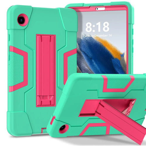 For Samsung Galaxy Tab A11 Case Robot Style Silicone + PC Tablet Cover with Kickstand - Mint Green  /  Rose - 1