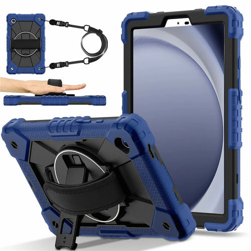 For Samsung Galaxy Tab A11 Case Silicone + PC Kickstand Tablet Cover with Handy Strap - Navy Blue  /  Black - 1