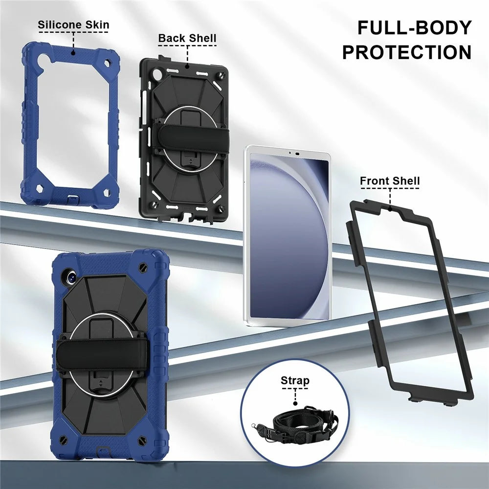 For Samsung Galaxy Tab A11 Case Silicone + PC Kickstand Tablet Cover with Handy Strap - Navy Blue  /  Black - 6