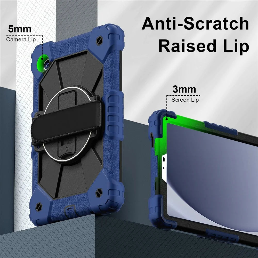 For Samsung Galaxy Tab A11 Case Silicone + PC Kickstand Tablet Cover with Handy Strap - Navy Blue  /  Black - 7