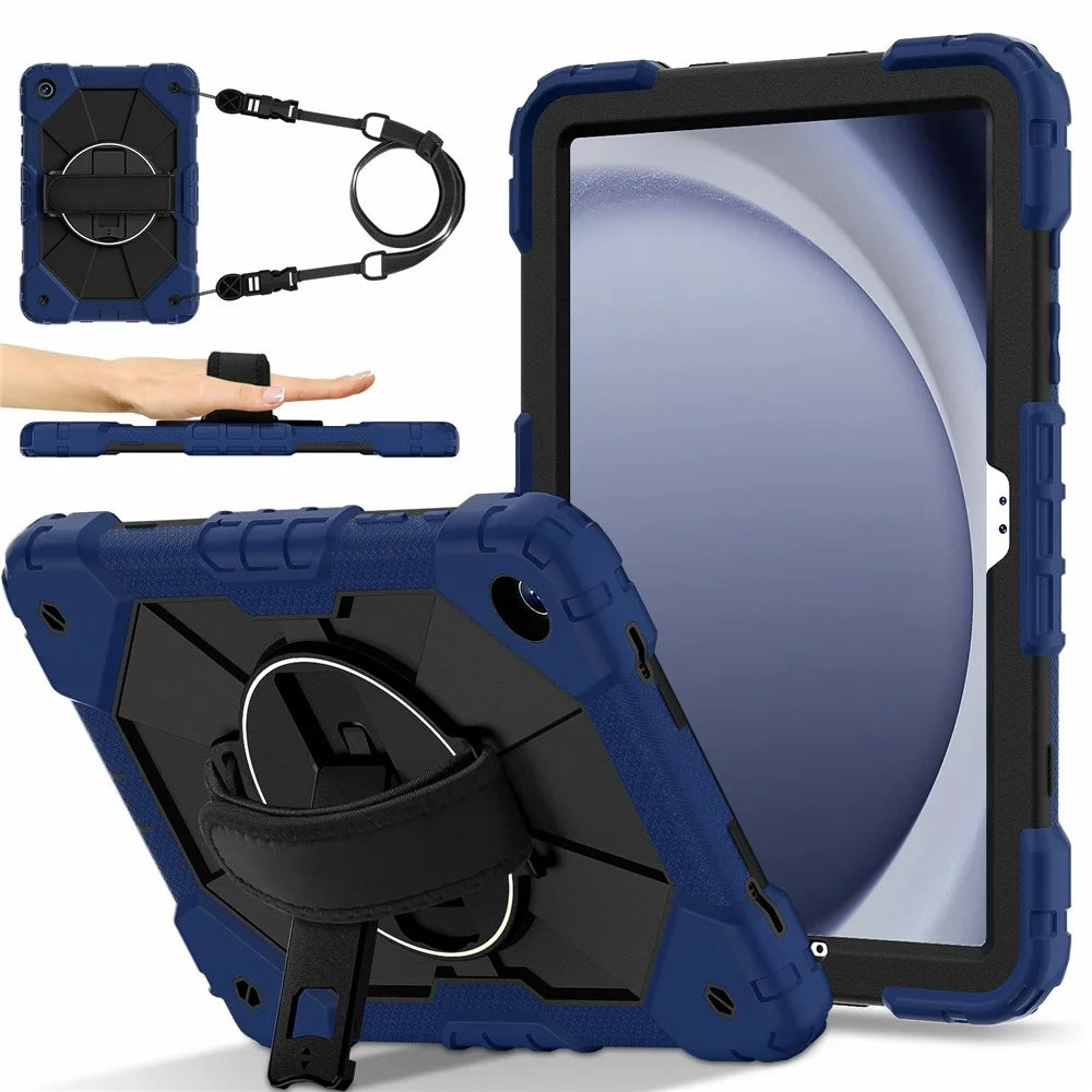 For Samsung Galaxy Tab A11+ / A9+ Case Silicone + PC Kickstand Tablet Cover with Handy Strap - Navy Blue  /  Black - 1