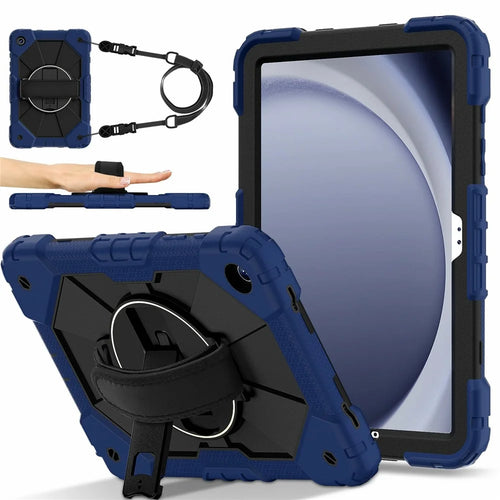 For Samsung Galaxy Tab A11+ / A9+ Case Silicone + PC Kickstand Tablet Cover with Handy Strap - Navy Blue  /  Black - 1