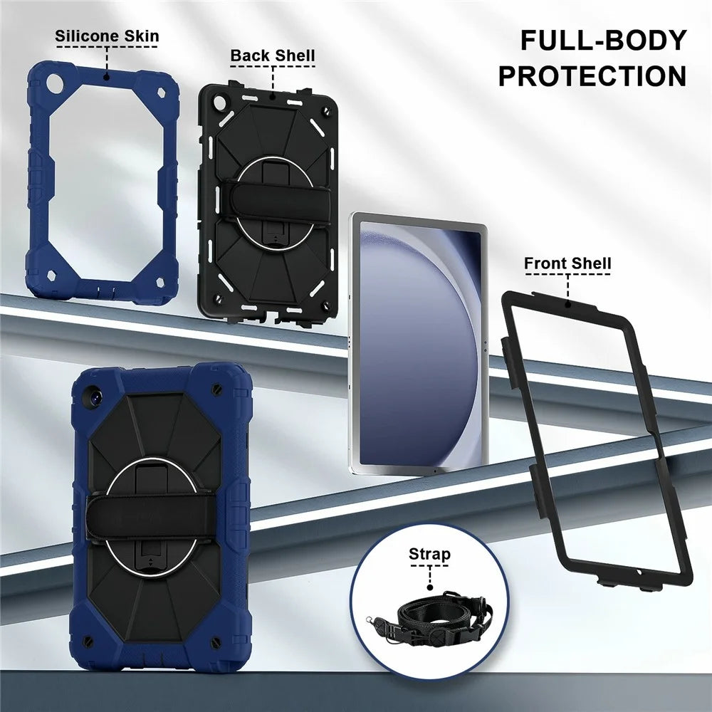 For Samsung Galaxy Tab A11+ / A9+ Case Silicone + PC Kickstand Tablet Cover with Handy Strap - Navy Blue  /  Black - 6