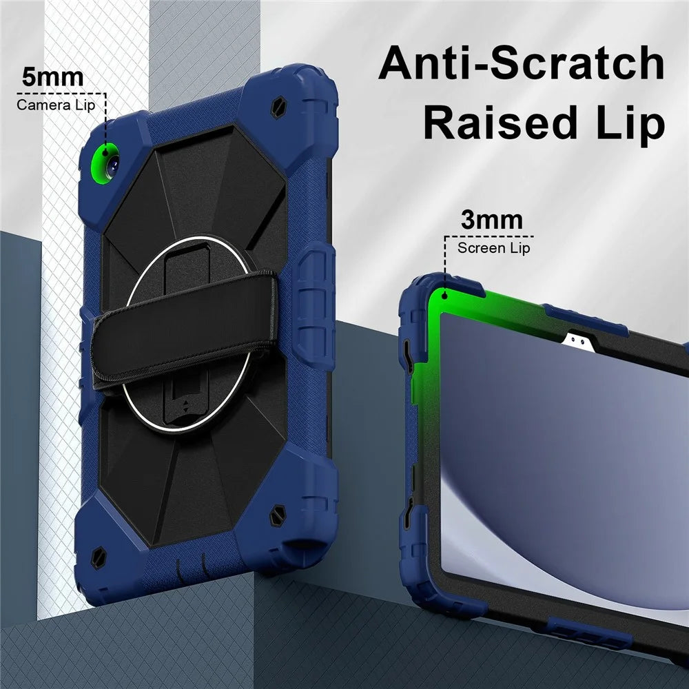 For Samsung Galaxy Tab A11+ / A9+ Case Silicone + PC Kickstand Tablet Cover with Handy Strap - Navy Blue  /  Black - 7