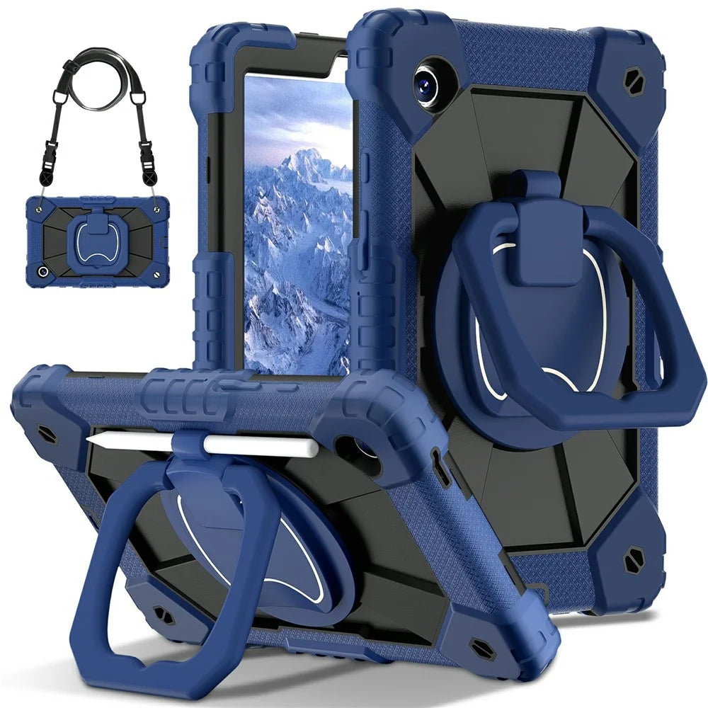 For Samsung Galaxy Tab A11 Case Silicone + PC Hand Grip Kickstand Tablet Cover with Shoulder Strap - Navy Blue  /  Black - 1