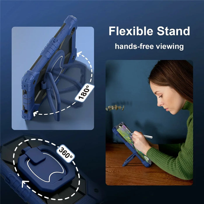 For Samsung Galaxy Tab A11 Case Silicone + PC Hand Grip Kickstand Tablet Cover with Shoulder Strap - Navy Blue  /  Black - 5