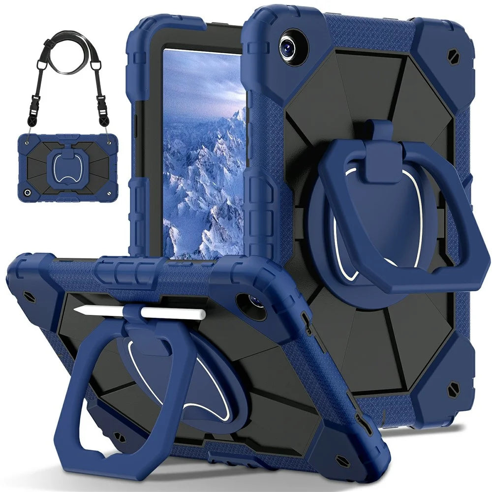 For Samsung Galaxy Tab A11+ Case Silicone + PC Hand Grip Kickstand Tablet Cover with Shoulder Strap - Navy Blue  /  Black - 1