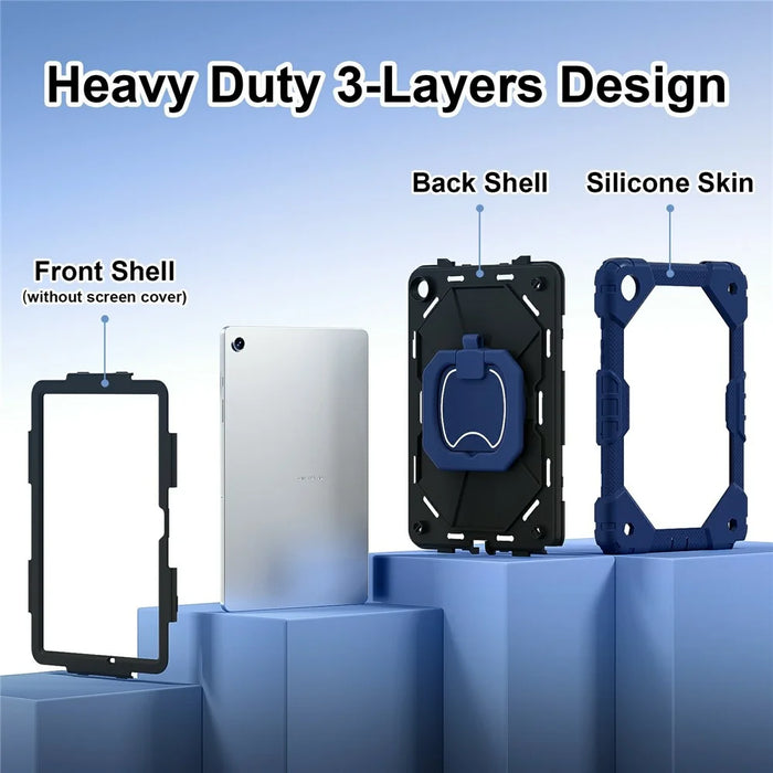 For Samsung Galaxy Tab A11+ Case Silicone + PC Hand Grip Kickstand Tablet Cover with Shoulder Strap - Navy Blue  /  Black - 2
