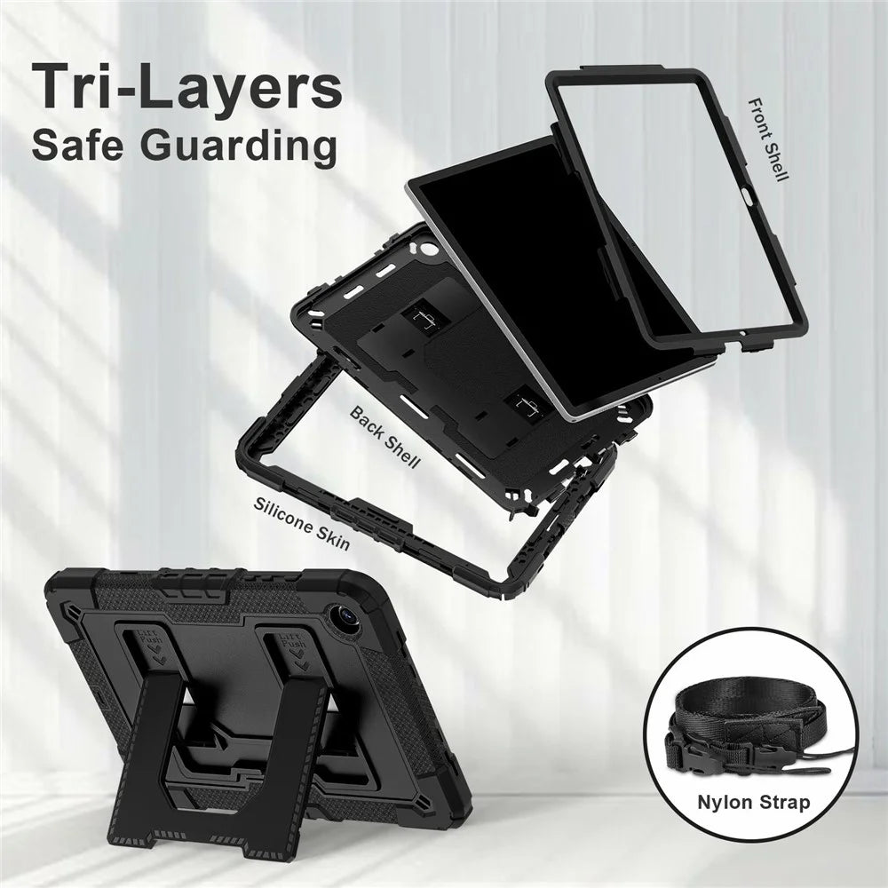 For Samsung Galaxy Tab A11+ / A9+ Case with Kickstand Strap Anti Drop PC + Silicone Tablet Cover - Black  /  Black - 2