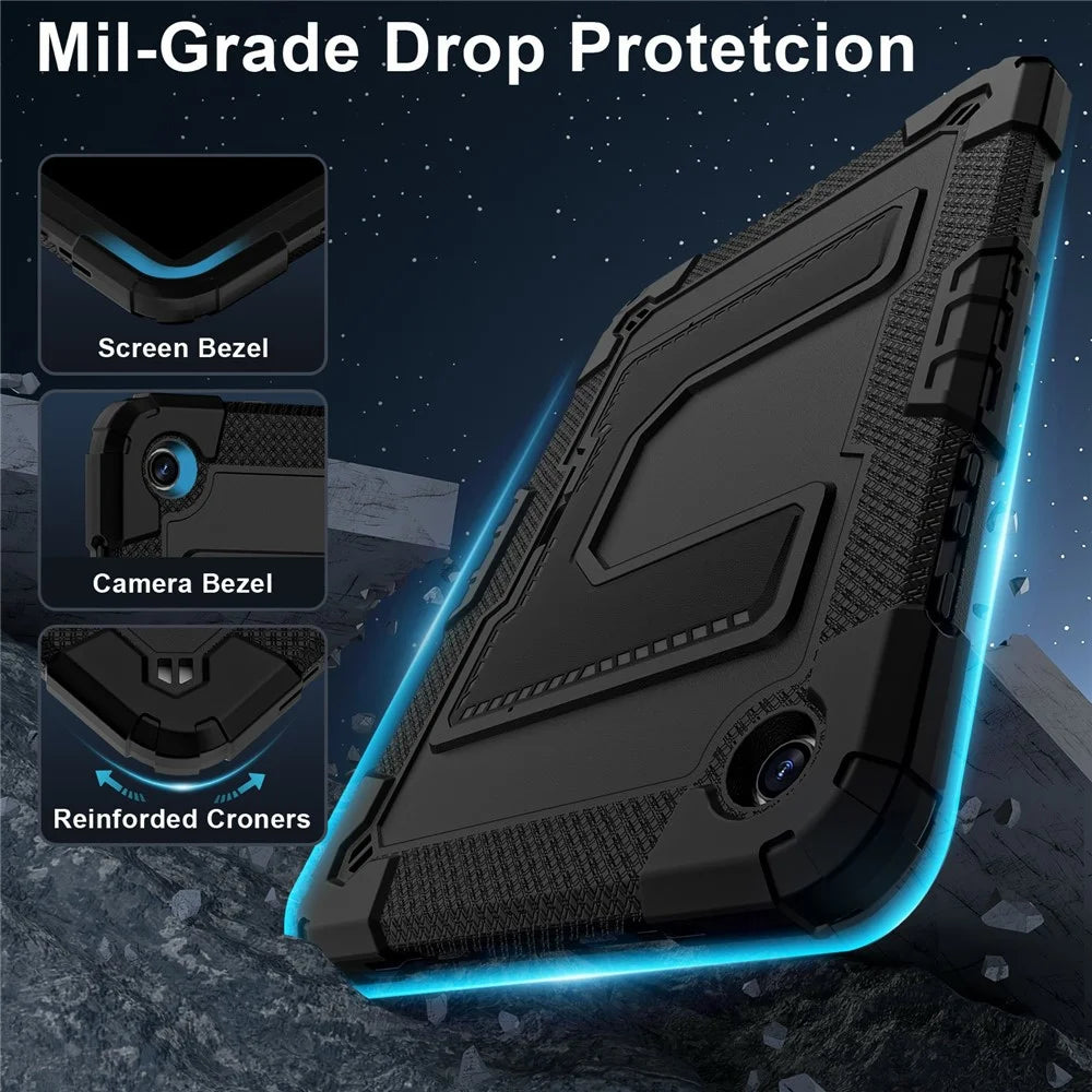 For Samsung Galaxy Tab A11+ / A9+ Case with Kickstand Strap Anti Drop PC + Silicone Tablet Cover - Black  /  Black - 3