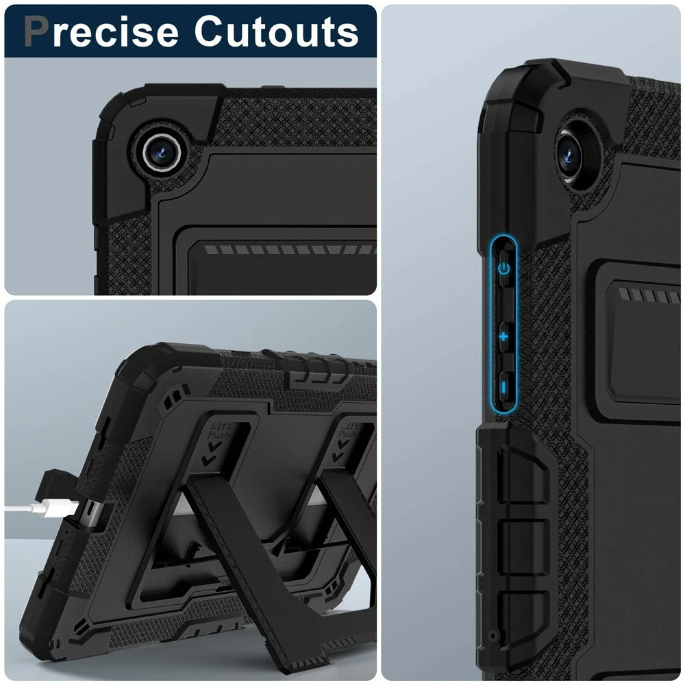 For Samsung Galaxy Tab A11+ / A9+ Case with Kickstand Strap Anti Drop PC + Silicone Tablet Cover - Black  /  Black - 6