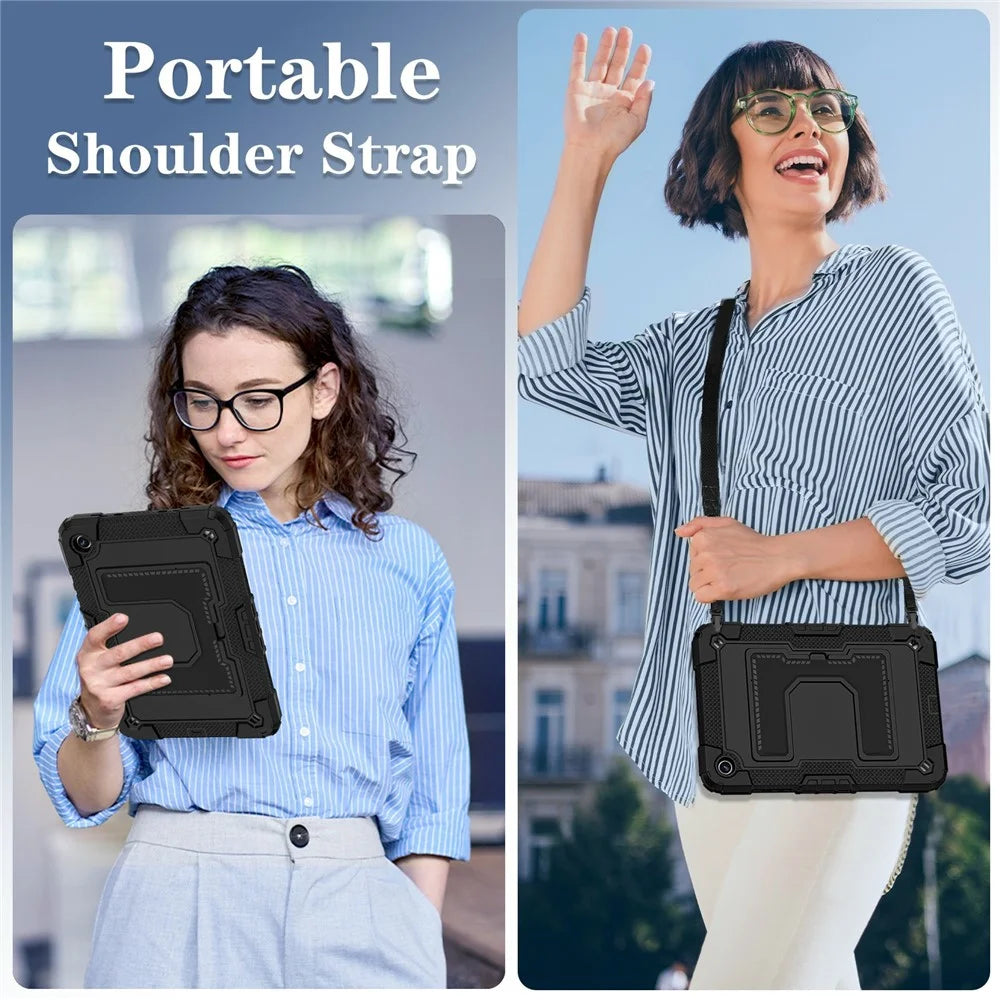 For Samsung Galaxy Tab A11+ / A9+ Case with Kickstand Strap Anti Drop PC + Silicone Tablet Cover - Black  /  Black - 7