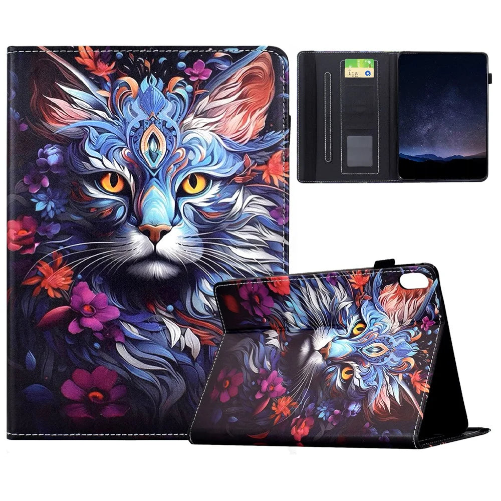 For iPad (2025) / iPad 10.9 (2022) Leather Case Pattern Print Card Slots Stand Auto Sleep Wake Tablet Cover - Colorful Cat - 1