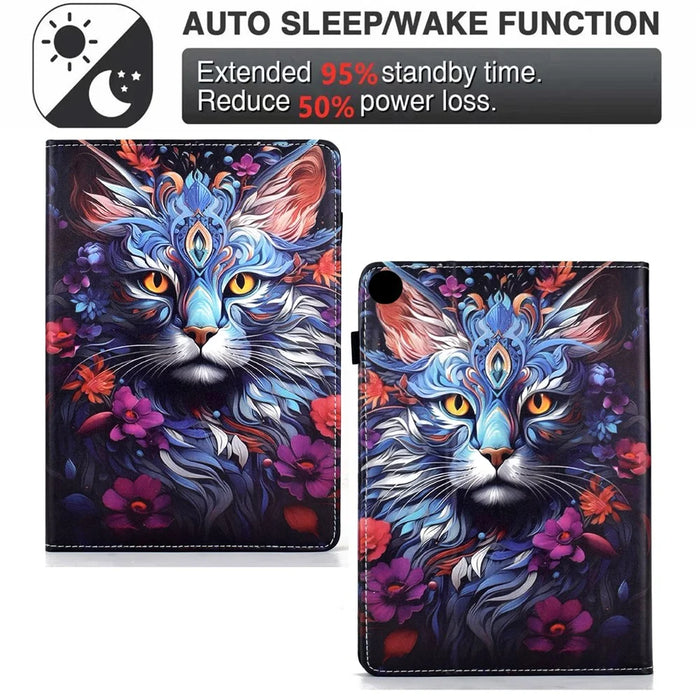 For Samsung Galaxy Tab A11+ / A9+ Leather Case Pattern Print Card Slots Stand Auto Sleep Wake Tablet Cover - Colorful Cat - 7