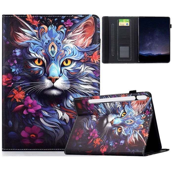 For Samsung Galaxy Tab S10 FE+ Leather Case Pattern Print Card Slots Stand Auto Sleep Wake Tablet Cover - Colorful Cat - 1