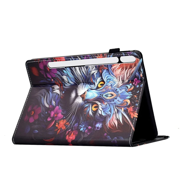 For Samsung Galaxy Tab S10 FE+ Leather Case Pattern Print Card Slots Stand Auto Sleep Wake Tablet Cover - Colorful Cat - 5