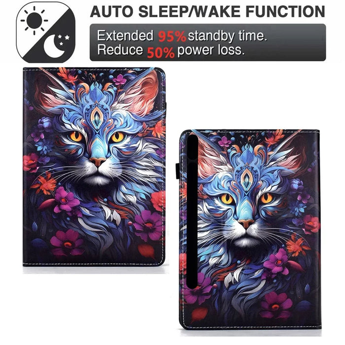 For Samsung Galaxy Tab S10 FE+ Leather Case Pattern Print Card Slots Stand Auto Sleep Wake Tablet Cover - Colorful Cat - 7
