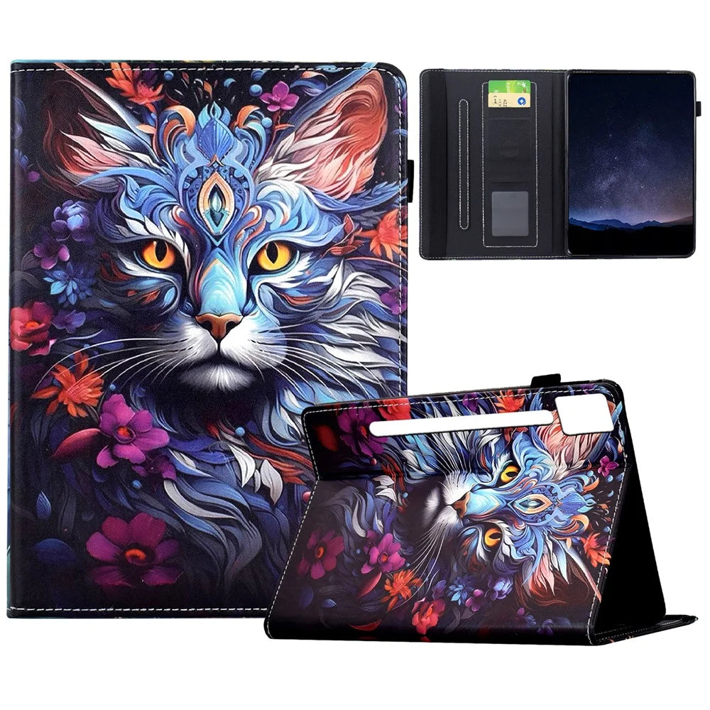 For Lenovo Idea Tab Pro / Tab P12 Pro Gen 2 Leather Case Pattern Print Card Slots Stand Auto Sleep Wake Tablet Cover - Colorful Cat - 1