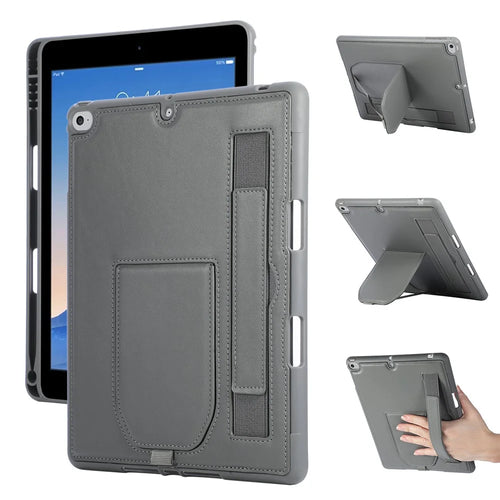 Tablet Case For iPad 9.7-inch (2018)  /  (2017)  /  Air 2  /  Air (2013) Kickstand PU + TPU Cover with Wristband  /  Pen Slot - Grey - 1