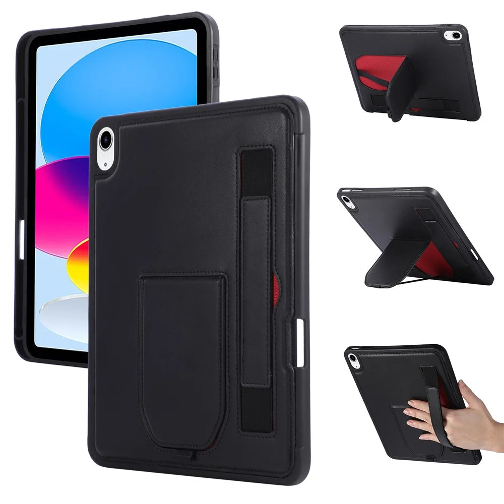 For iPad (2025)  /  10.9 (2022) Case Kickstand PU + TPU Tablet Cover with Wristband  /  Pen Slot - Black - 1