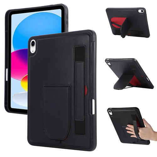 For iPad (2025)  /  10.9 (2022) Case Kickstand PU + TPU Tablet Cover with Wristband  /  Pen Slot - Black - 1