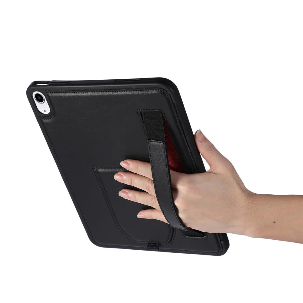 For iPad (2025)  /  10.9 (2022) Case Kickstand PU + TPU Tablet Cover with Wristband  /  Pen Slot - Black - 2