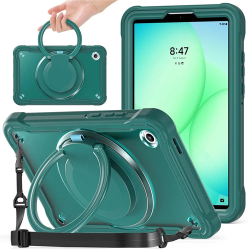 For Samsung Galaxy Tab A11 Case Rotary Kickstand PC + TPU + Silicone Cover with Shoulder Strap - Midnight Green - 1