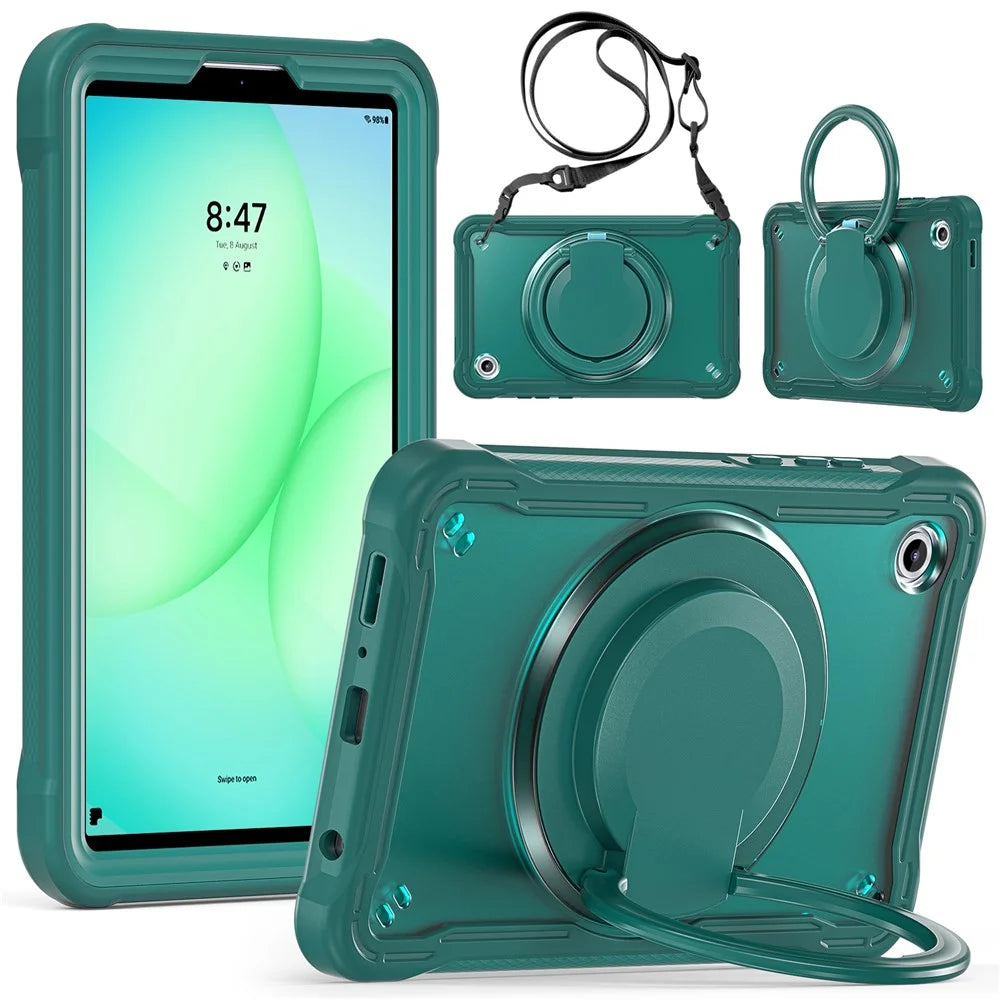 For Samsung Galaxy Tab A11 Case Rotary Kickstand PC + TPU + Silicone Cover with Shoulder Strap - Midnight Green - 2