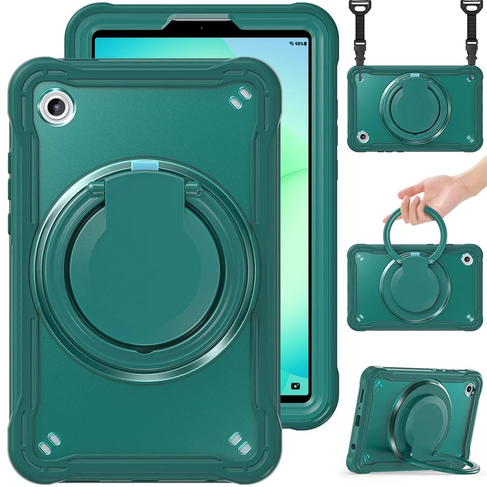For Samsung Galaxy Tab A11 Case Rotary Kickstand PC + TPU + Silicone Cover with Shoulder Strap - Midnight Green - 3