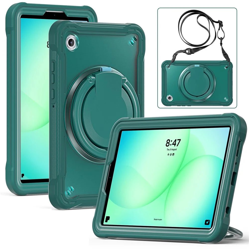 For Samsung Galaxy Tab A11 Case Rotary Kickstand PC + TPU + Silicone Cover with Shoulder Strap - Midnight Green - 4