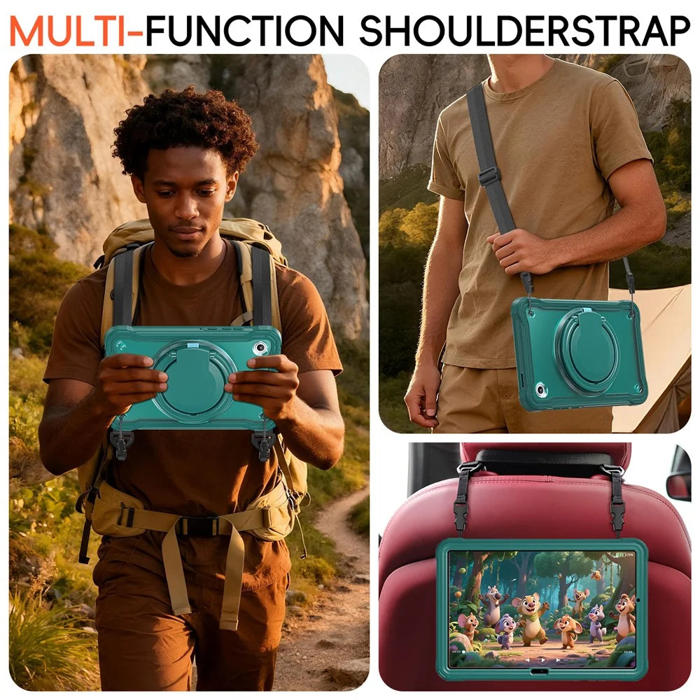 For Samsung Galaxy Tab A11 Case Rotary Kickstand PC + TPU + Silicone Cover with Shoulder Strap - Midnight Green - 5