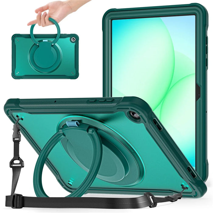 For Samsung Galaxy Tab A11+ Case Rotary Kickstand PC + TPU + Silicone Cover with Shoulder Strap - Midnight Green - 1
