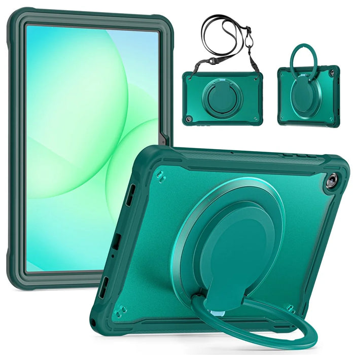 For Samsung Galaxy Tab A11+ Case Rotary Kickstand PC + TPU + Silicone Cover with Shoulder Strap - Midnight Green - 2