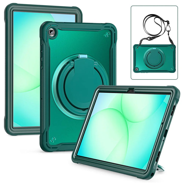 For Samsung Galaxy Tab A11+ Case Rotary Kickstand PC + TPU + Silicone Cover with Shoulder Strap - Midnight Green - 4