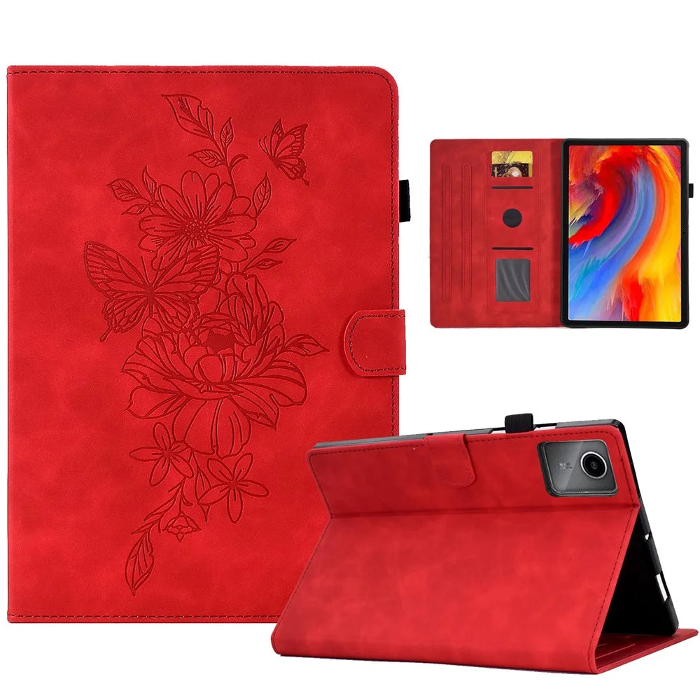 For Lenovo Xiaoxin Pad 12.1 (2025) Case Flower Butterfly Imprinted Card Slots Leather Cover - Red - 1