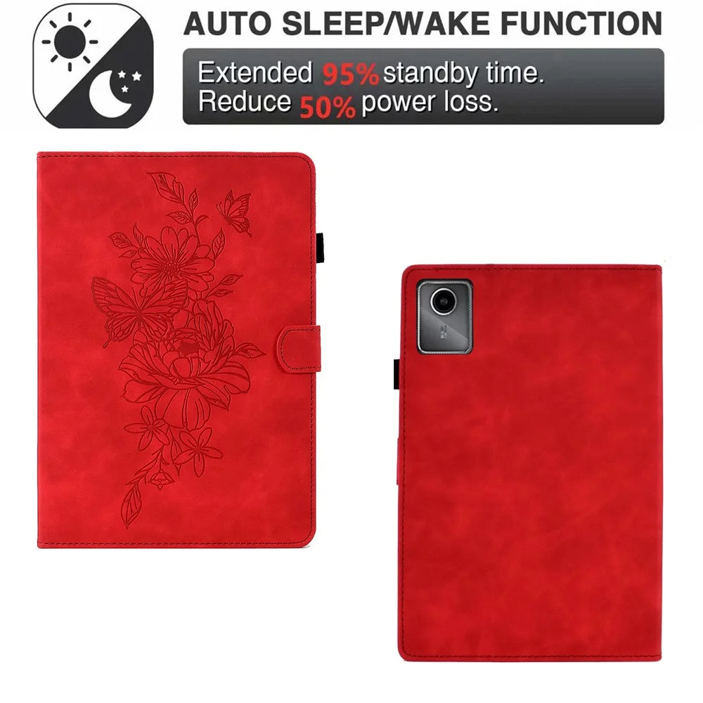 For Lenovo Xiaoxin Pad 12.1 (2025) Case Flower Butterfly Imprinted Card Slots Leather Cover - Red - 5