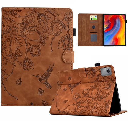 For Lenovo Xiaoxin Pad 12.1 (2025) Case Flower Bird Imprinted Card Holder Leather Tablet Cover - Brown - 1