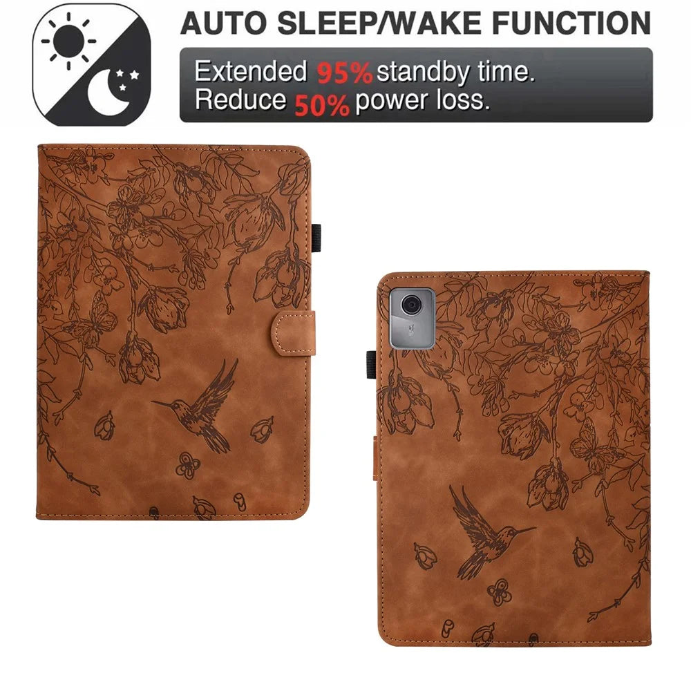 For Lenovo Xiaoxin Pad 12.1 (2025) Case Flower Bird Imprinted Card Holder Leather Tablet Cover - Brown - 5