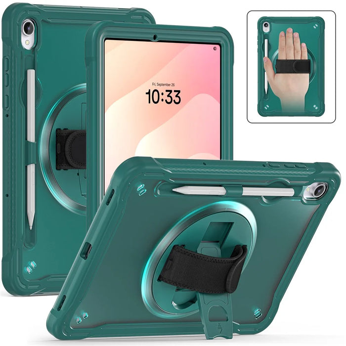 For Samsung Galaxy Tab S11 Case Kickstand PC + TPU + Silicone Tablet Cover with Rotary Hand Strap - Midnight Green - 1