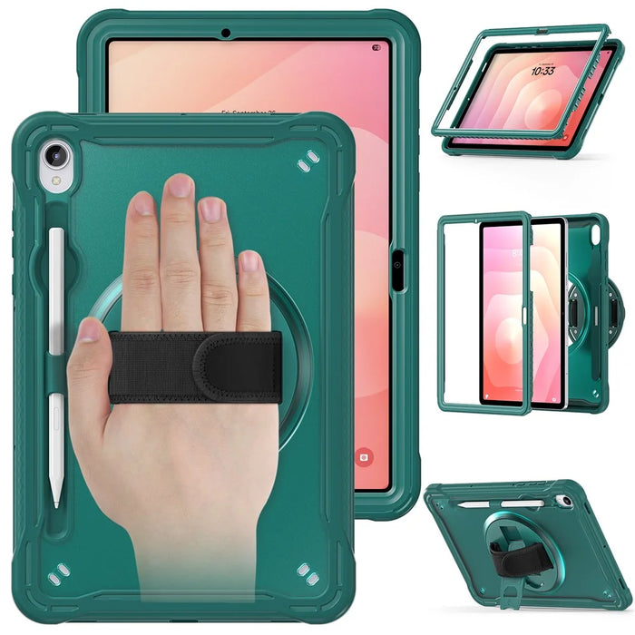 For Samsung Galaxy Tab S11 Case Kickstand PC + TPU + Silicone Tablet Cover with Rotary Hand Strap - Midnight Green - 2