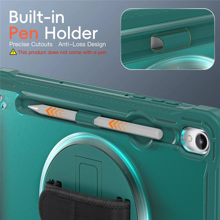 For Samsung Galaxy Tab S11 Case Kickstand PC + TPU + Silicone Tablet Cover with Rotary Hand Strap - Midnight Green - 3