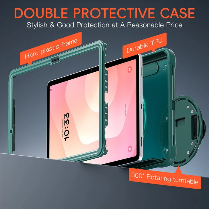 For Samsung Galaxy Tab S11 Case Kickstand PC + TPU + Silicone Tablet Cover with Rotary Hand Strap - Midnight Green - 4