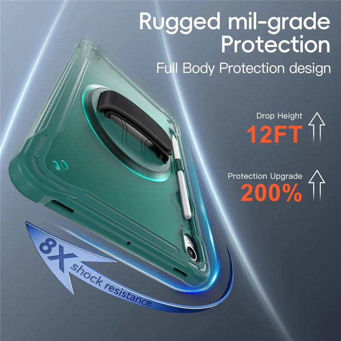 For Samsung Galaxy Tab S11 Case Kickstand PC + TPU + Silicone Tablet Cover with Rotary Hand Strap - Midnight Green - 5